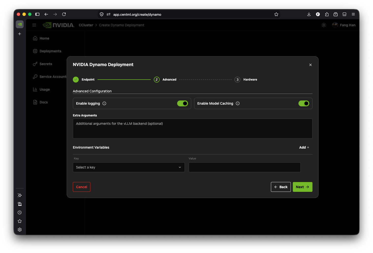 NVIDIA Dynamo Advanced step with logging, model caching, extra arguments, and environment variables