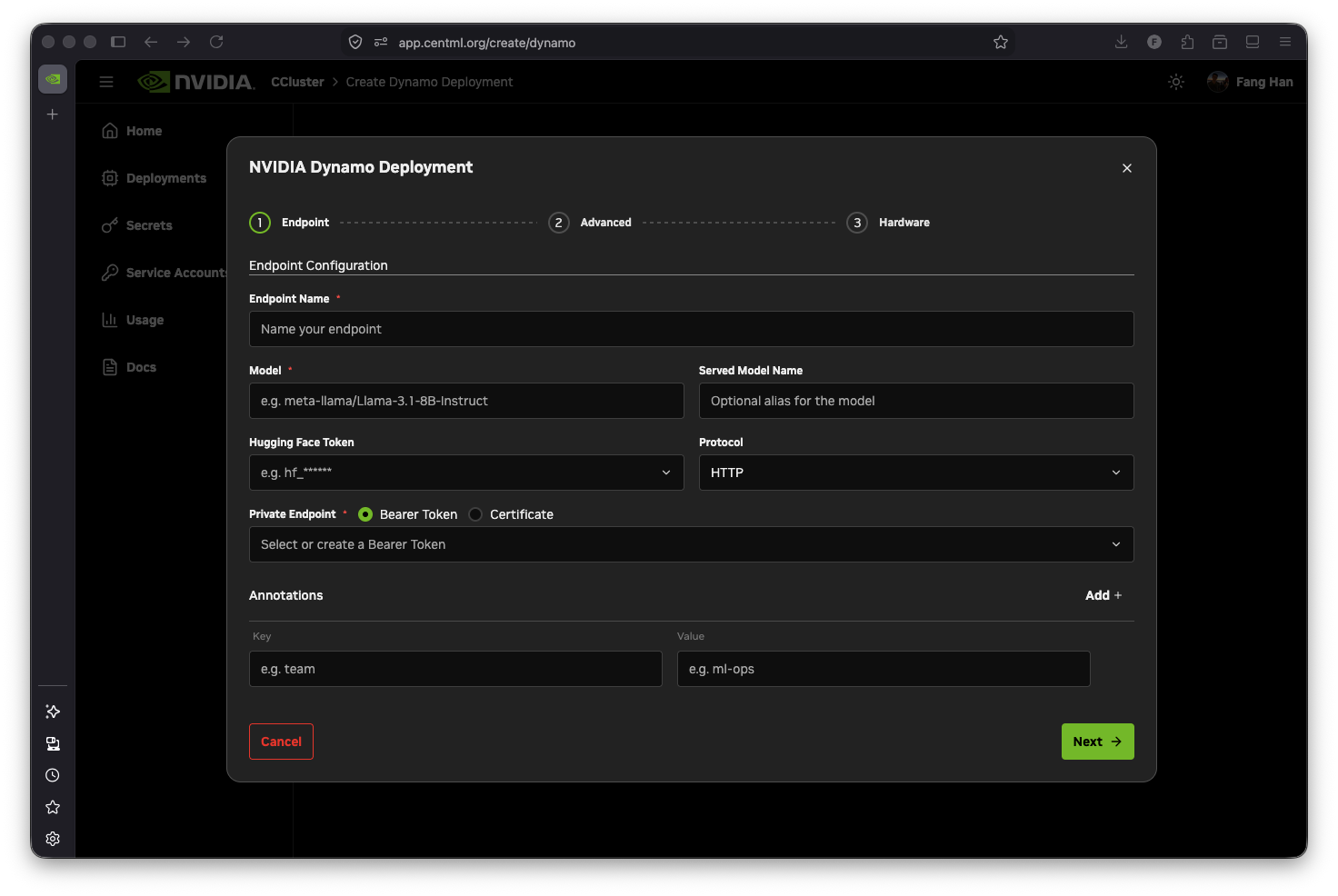 NVIDIA Dynamo Endpoint step with model, protocol, private endpoint, and annotation fields