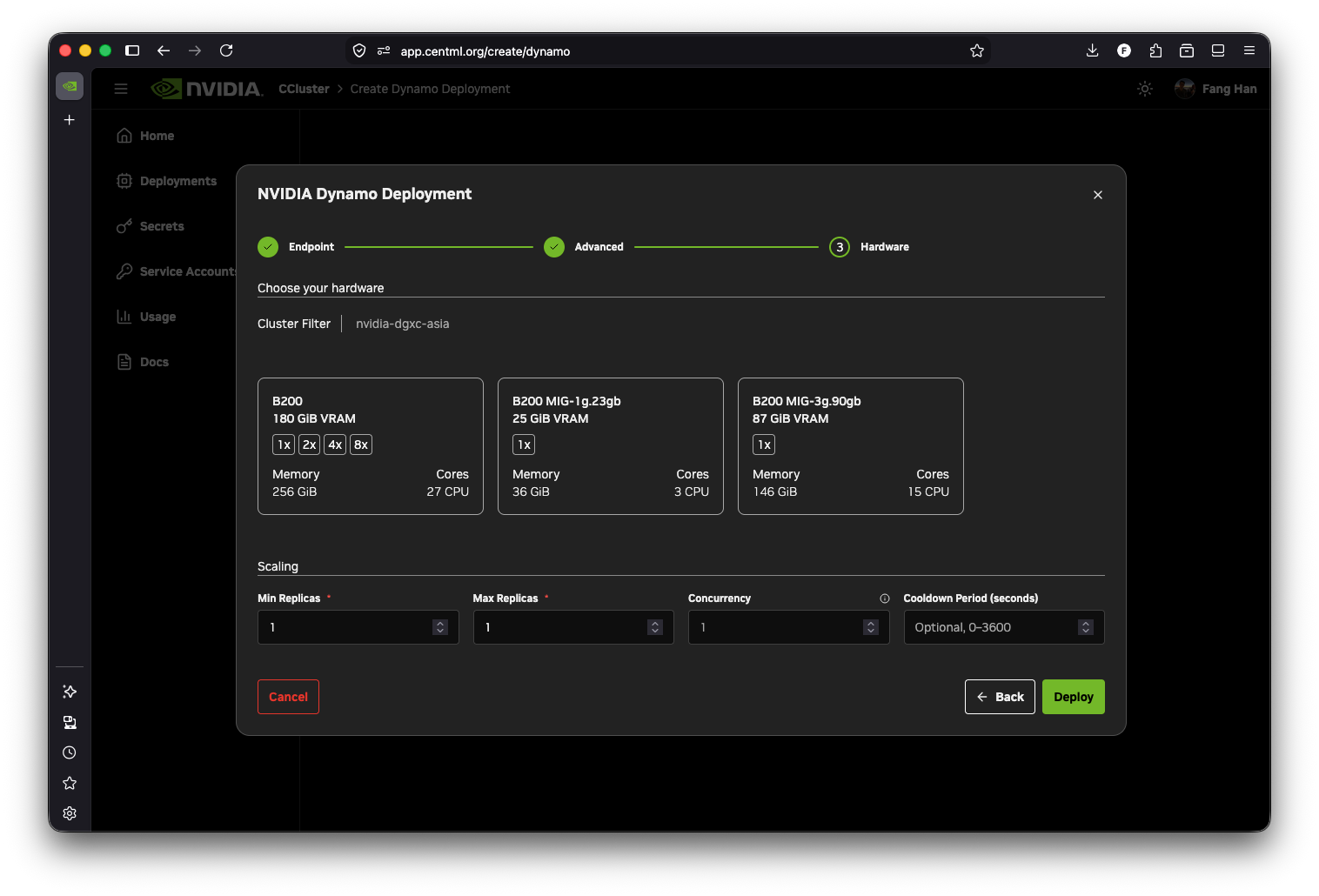 NVIDIA Dynamo Hardware step with GPU hardware choices and worker replica autoscaling settings