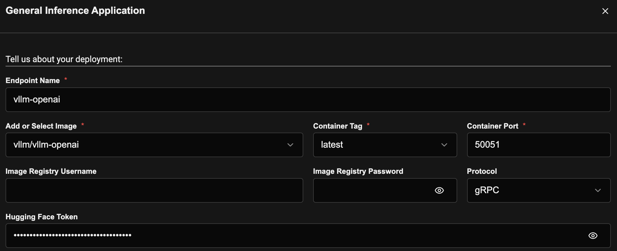 General Inference form configured for a vLLM gRPC deployment