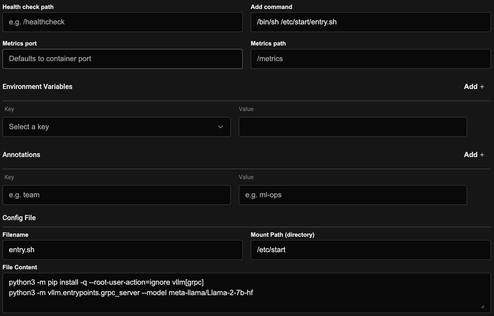 Config File entry.sh installing vllm[grpc] and launching the gRPC server, invoked from Add command